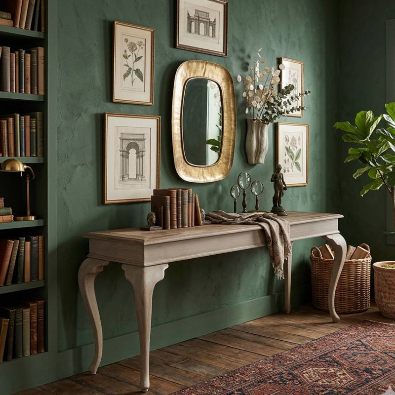 Zentique Jermone console table with a sleek wooden surface and elegant metal legs, ideal for entryways or living rooms.