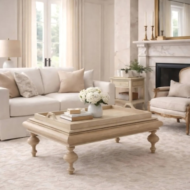 Zentique Lara coffee table with a sleek wooden surface and modern design, perfect for living room decor.
