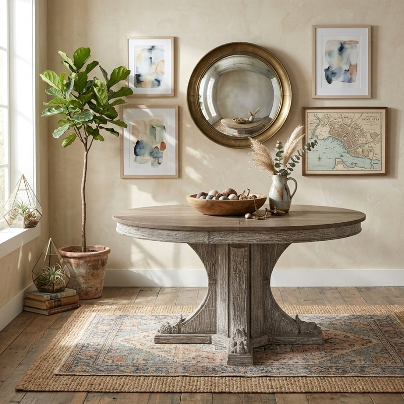 Extendable carved pine wood dining table by Zentique with elegant design, perfect for sophisticated dining rooms.