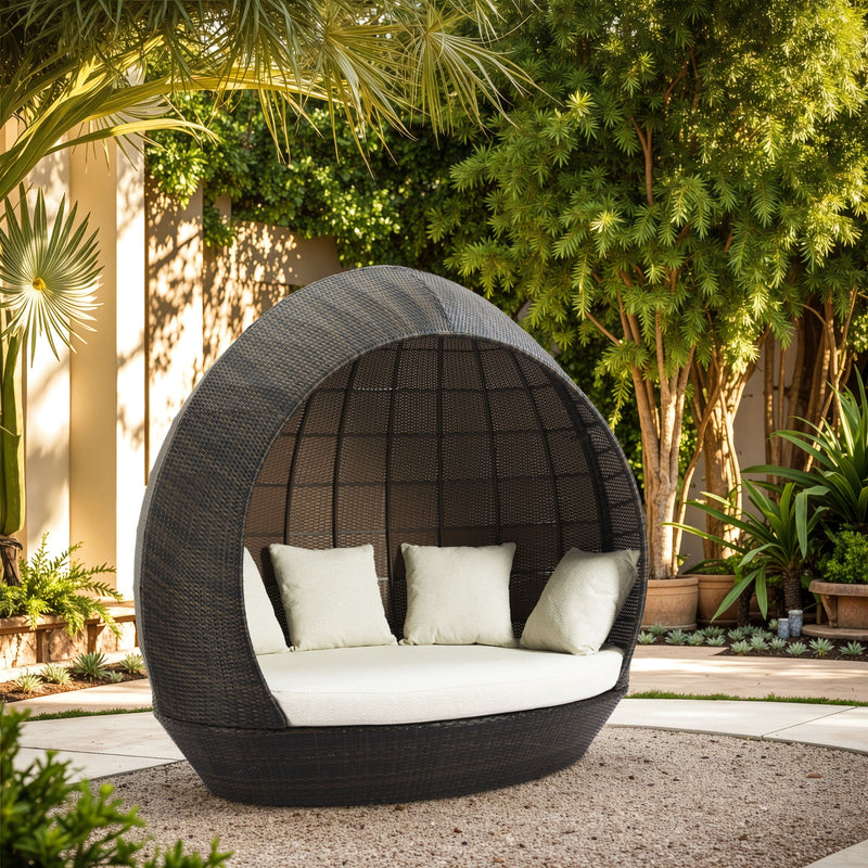 Zuo Modern Marisol Beach outdoor daybed in brown and beige with plush cushions, ideal for garden lounging and outdoor relaxation.
