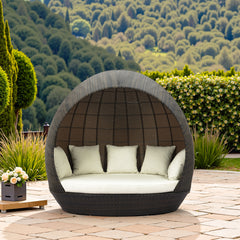 Zuo Modern Marisol Beach outdoor daybed in brown and beige with plush cushions, perfect for garden lounge or patio relaxation.