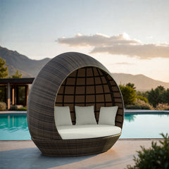 Zuo Modern Marisol Beach outdoor daybed in brown and beige with plush cushions, perfect for garden lounge or patio relaxation.