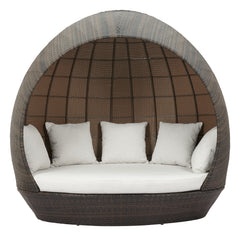 Brown and beige outdoor Marisol beach daybed by Zuo Modern, designed for garden lounging and outdoor patio relaxation.