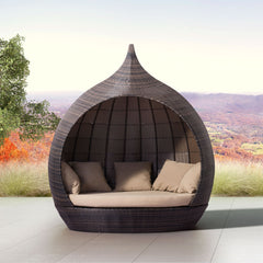 Martinique Beach outdoor daybed by Zuo Modern with brown and beige cushions, perfect for garden lounge or patio relaxation.