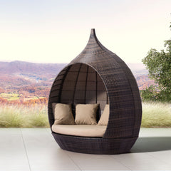 Martinique Beach outdoor daybed by Zuo Modern with brown and beige cushions, ideal for garden lounge and patio relaxation.