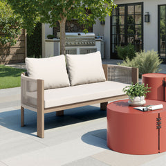 Beige Rebel outdoor sofa by Zuo Modern with plush cushions and modern design, perfect for stylish outdoor seating.