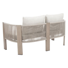 Beige Zuo Modern Rebel outdoor sofa with plush cushions and metal frame, perfect for stylish outdoor seating.