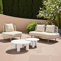 Beige outdoor sofa from Zuo Modern Ruhe series, featuring plush cushions and modern design for comfortable outdoor seating.