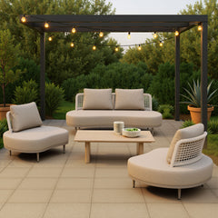 Beige outdoor Ruhe Sofa by Zuo Modern with plush cushions, perfect for stylish outdoor lounging.