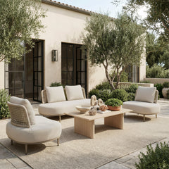 Beige Zuo Modern outdoor Ruhe sofa with plush cushions and sleek design, perfect for stylish outdoor seating.