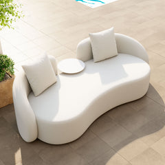 Beige Zuo Modern outdoor patio love seat for small spaces, featuring a cozy outdoor sofa design with plush cushions.