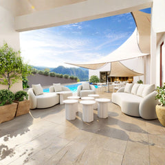 Beige Sunny Isles outdoor patio love seat by Zuo Modern, compact outdoor sofa with cushioned seating for small spaces.