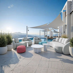 Beige Zuo Modern Sunny Isles outdoor patio love seat for small spaces, with cushioned seating and stylish design.