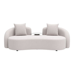 Beige outdoor patio love seat by Zuo Modern, compact outdoor sofa perfect for small spaces, with cushioned seating and modern design.