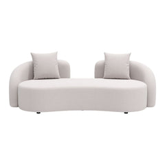 Beige outdoor patio love seat by Zuo Modern, designed for small spaces, with plush cushions and modern outdoor sofa style.