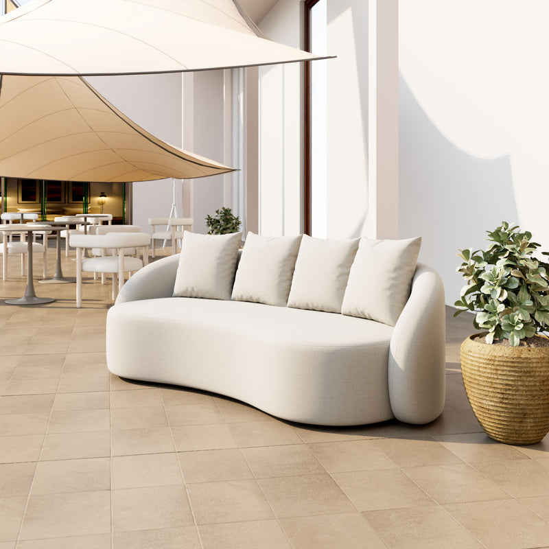 Beige outdoor patio sofa by Zuo Modern, modern garden lounge furniture with plush cushions, ideal for outdoor relaxation.