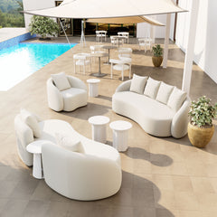 Beige outdoor patio sofa by Zuo Modern, modern garden lounge outdoor sofa with cushioned seating and sleek design.