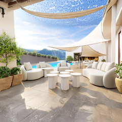 Beige outdoor patio sofa by Zuo Modern, modern garden lounge outdoor sofa in a stylish design.