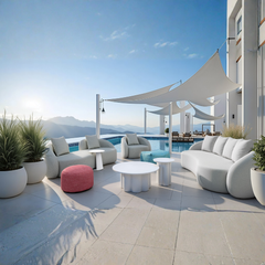 Beige outdoor patio sofa by Zuo Modern, modern garden lounge furniture with cushioned seating for outdoor relaxation.