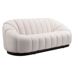 Cream Bhutan sofa by Zuo Modern featuring modern shearling-style fabric, ideal for elegant indoor living room decor.