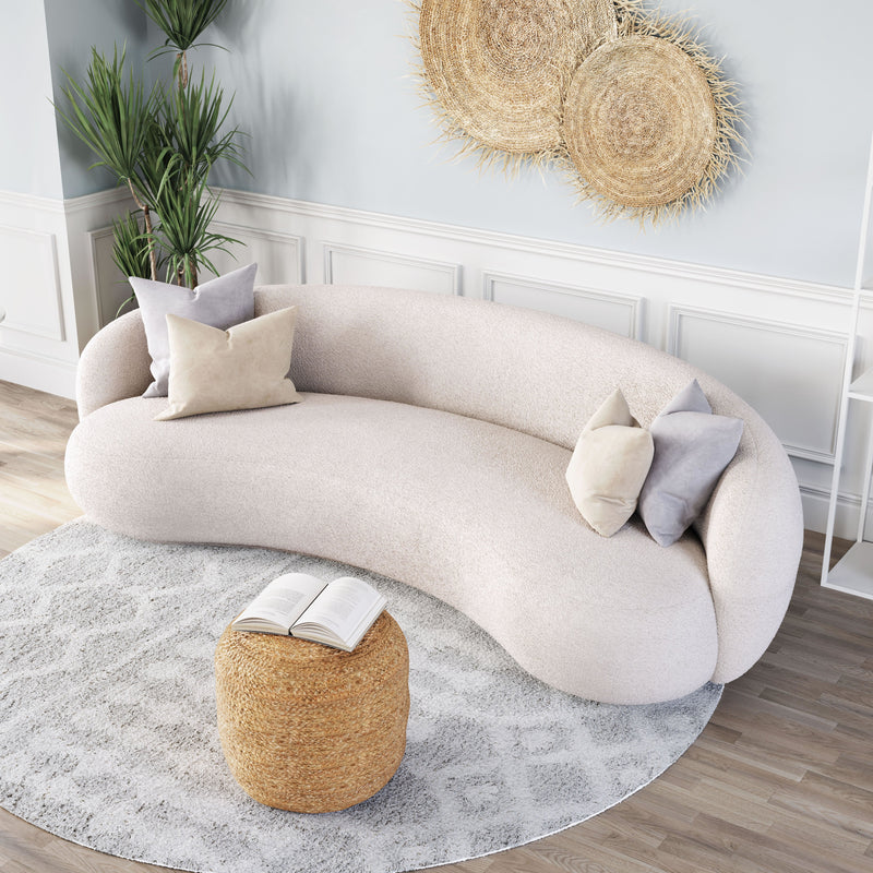Cream Tibet sofa by Zuo Modern featuring modern shearling-style fabric, white indoor sofa for elegant living room decor.